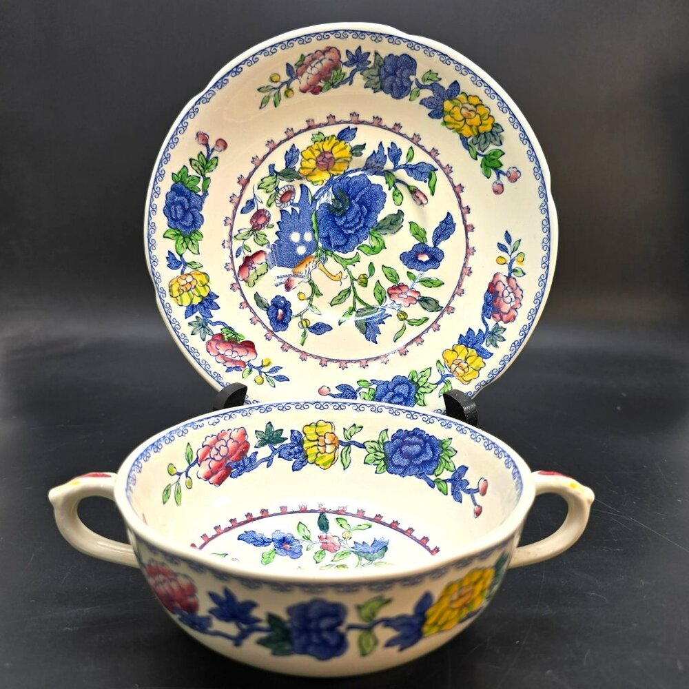 Masons Vista Ironstone Soup Bowl & Saucer Set Vintage Floral England VL4042